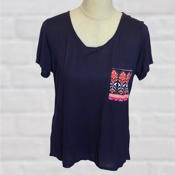 Bella D XL Coral Color Back Navy Front High Low Blouse - Picture 4 of 4